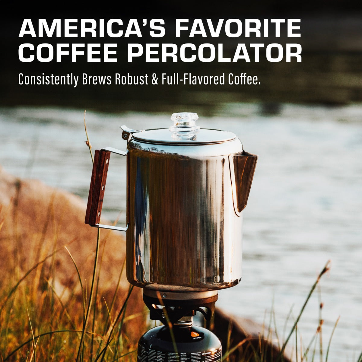 Bozeman percolator by river, robust coffee brewing