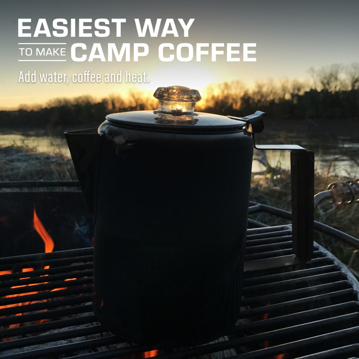 Bozeman percolator on grill, easy camp coffee making