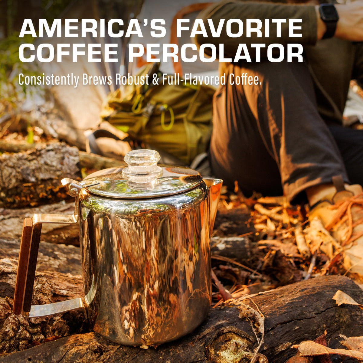 Bozeman percolator in forest, robust coffee brewing