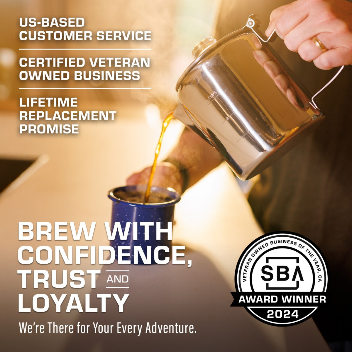 Bozeman percolator pouring coffee, SBA award winner