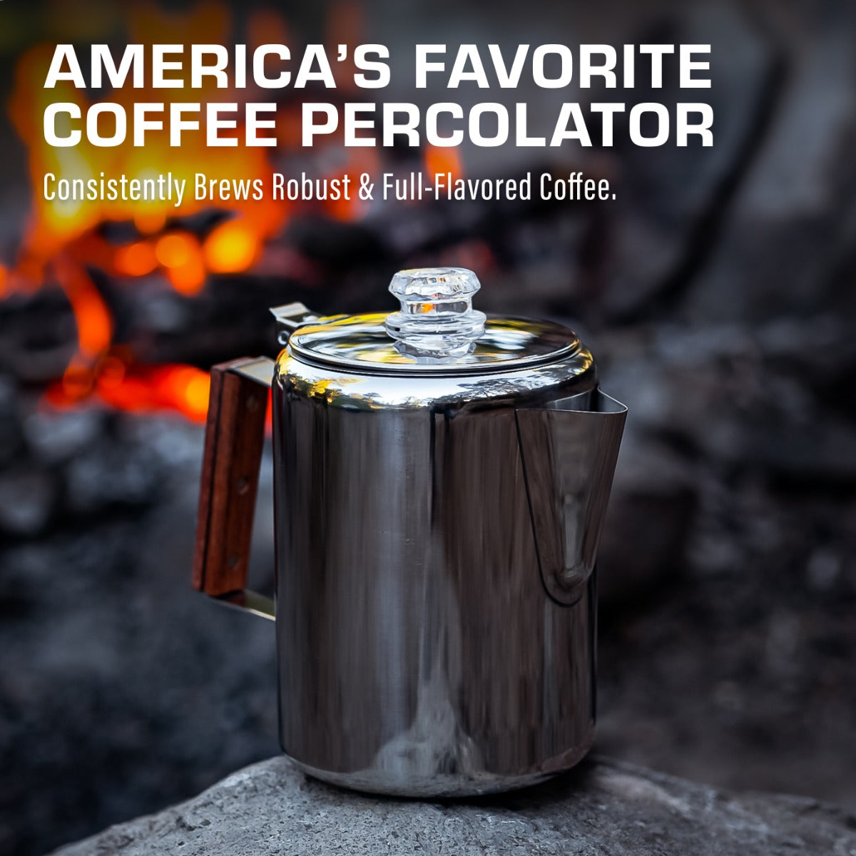 Bozeman percolator by campfire, robust coffee brewing