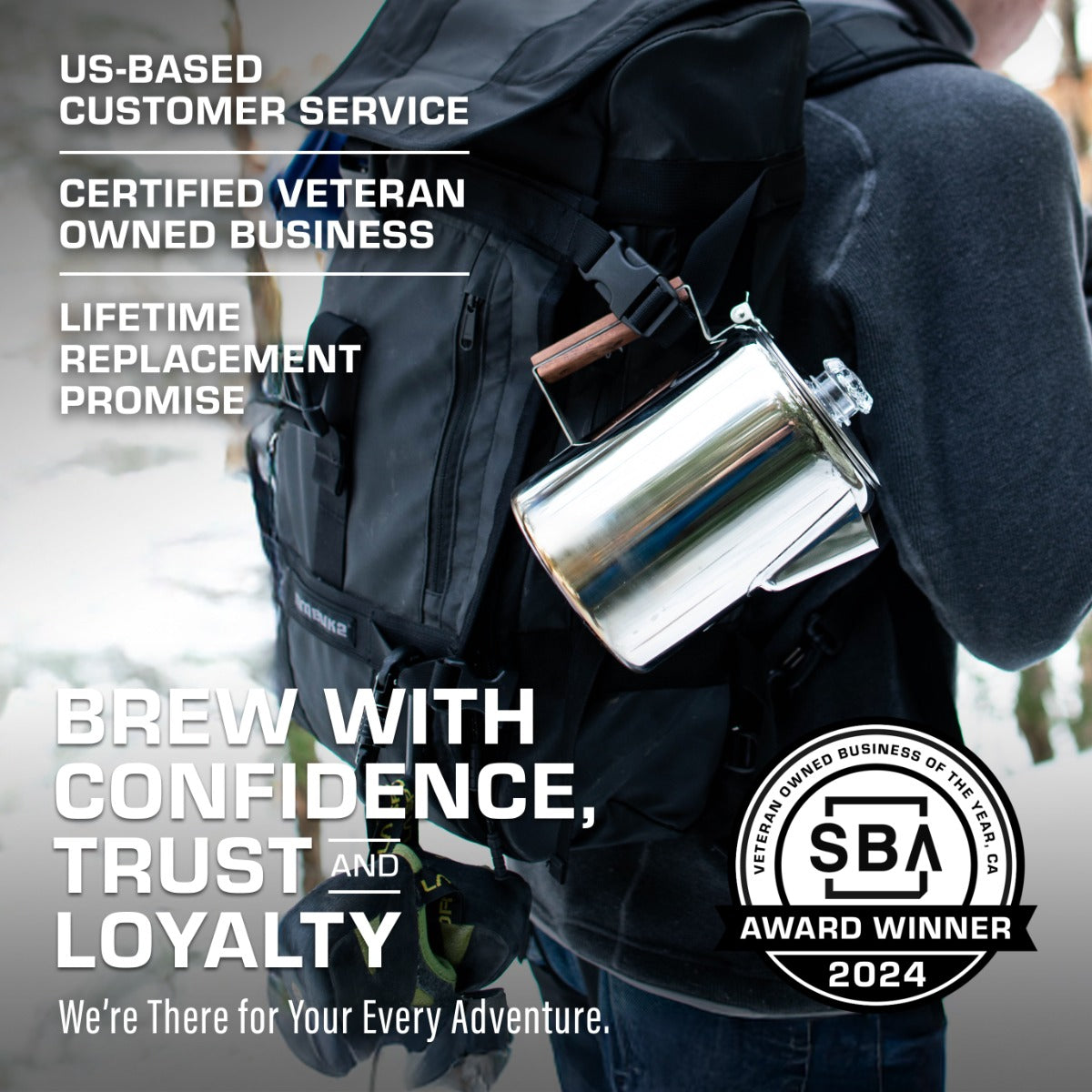 Bozeman percolator attached to backpack, SBA award winner