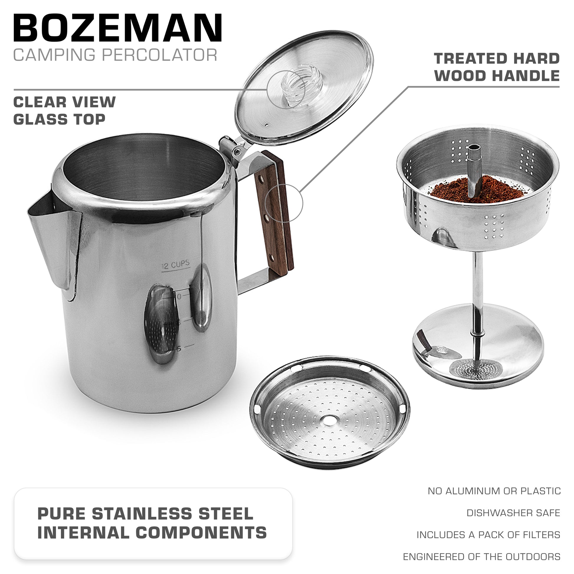 Bozeman percolator components, stainless steel design
