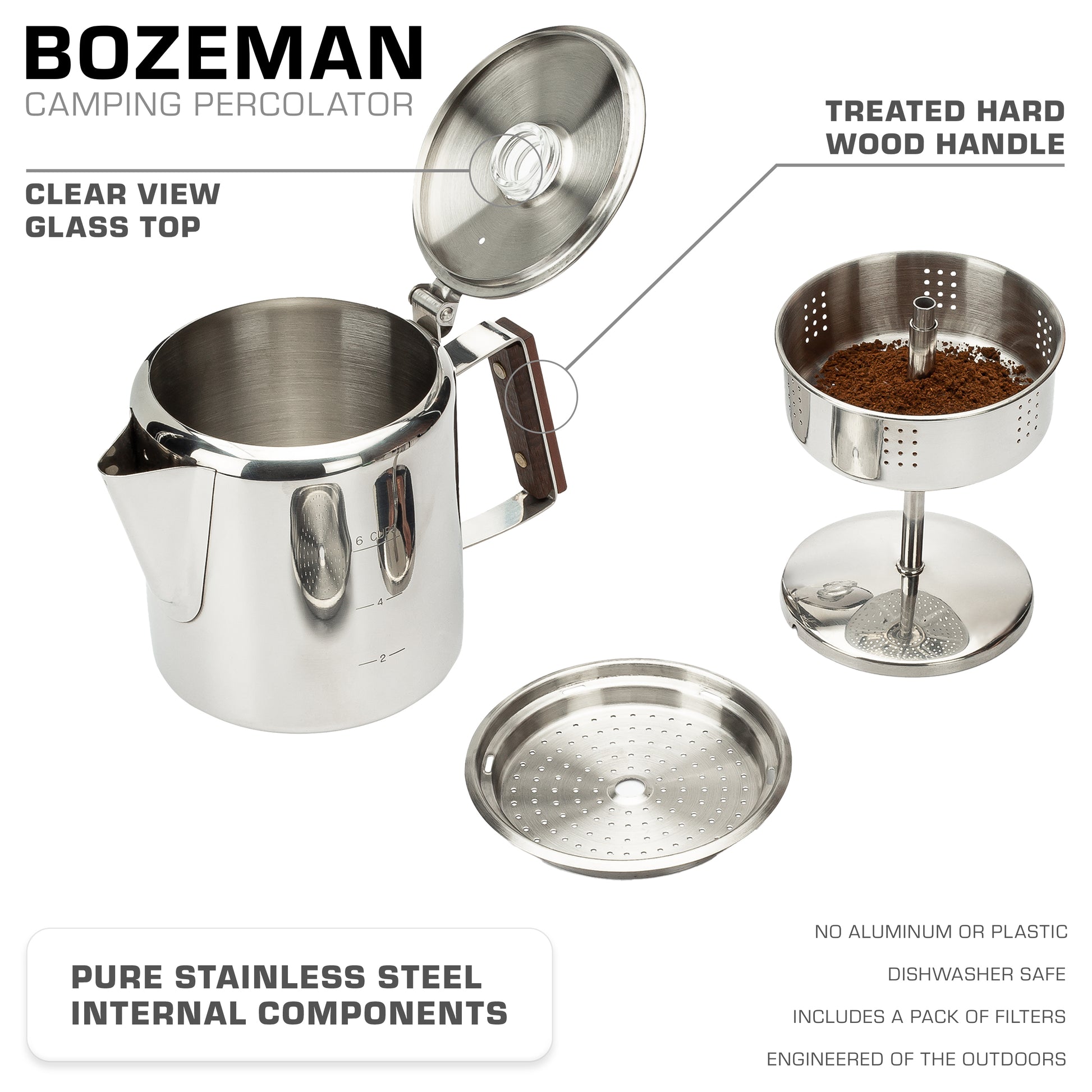 Bozeman percolator components, stainless steel design