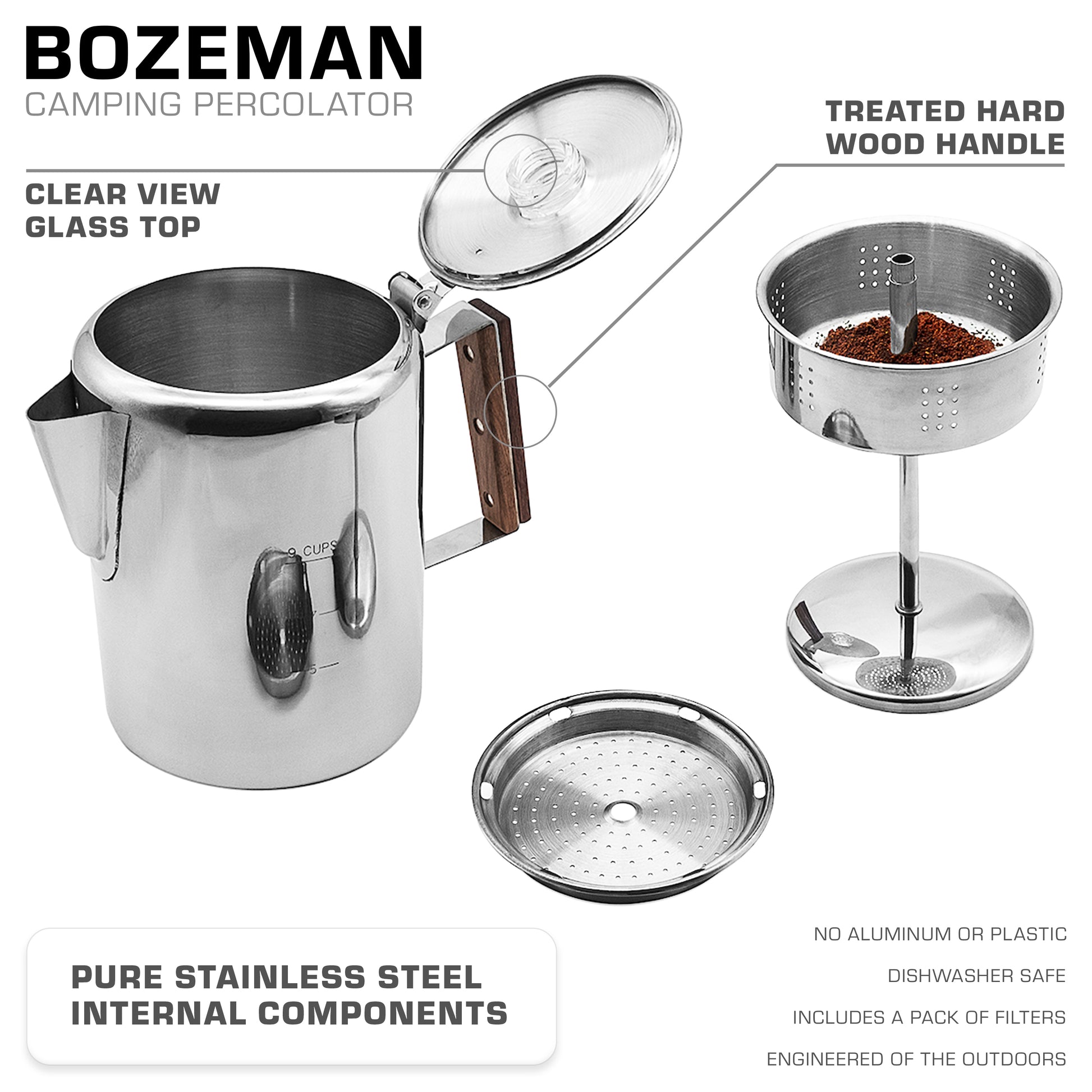 Bozeman percolator components, stainless steel design