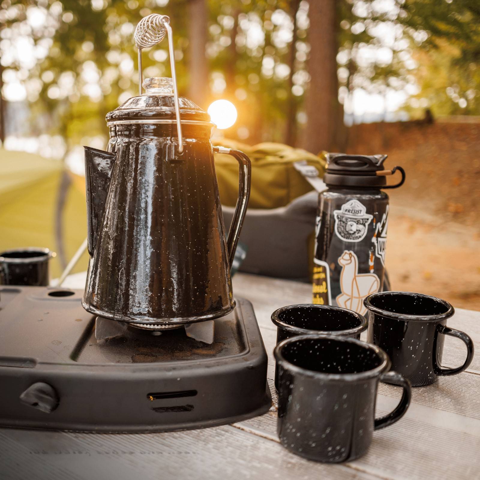 COLETTI Classic Black Enamel Percolator and 4-Piece Mug Set