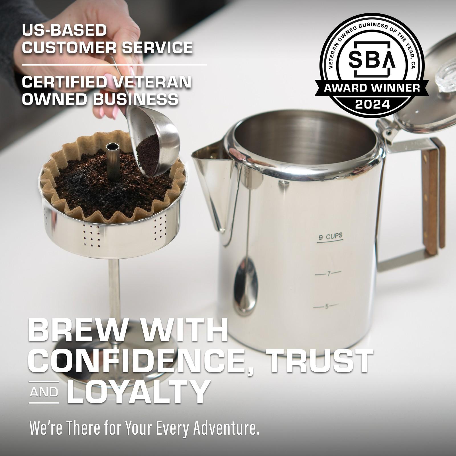 Pouring coffee grounds into a COLETTI basket filter set in a stovetop percolator basket