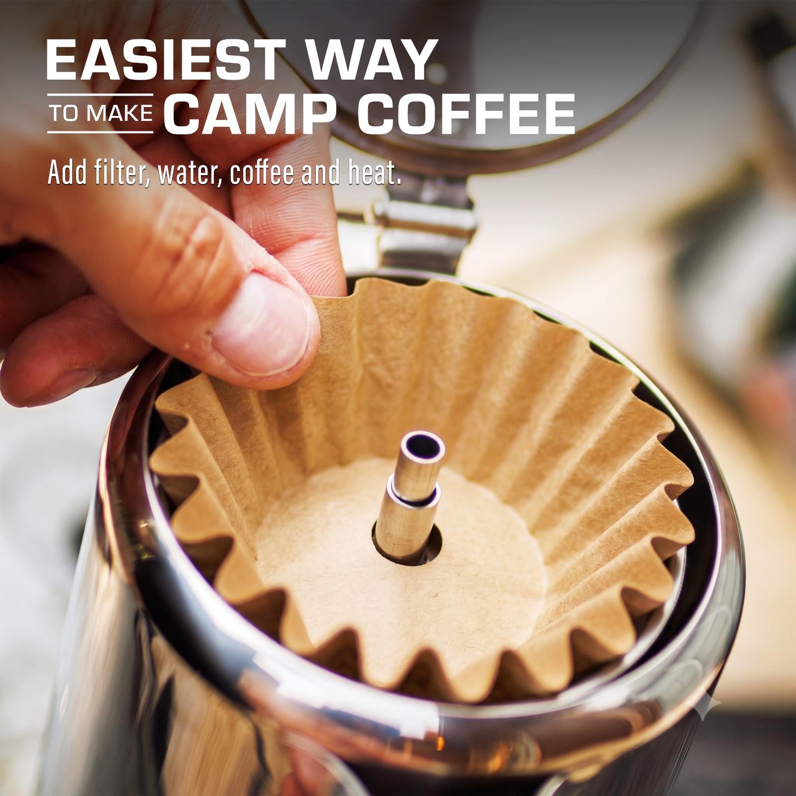 Placing a COLETTI percolator basket filter into a camping coffee percolator before brewing