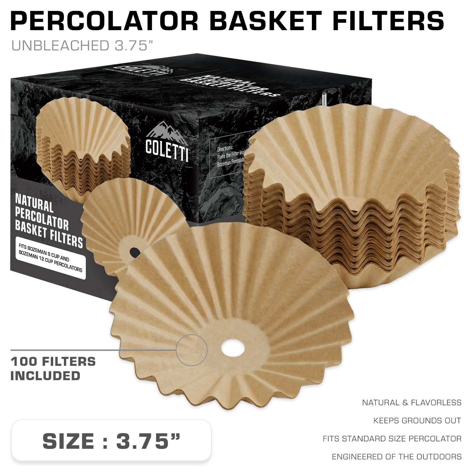COLETTI 3.75-inch unbleached percolator basket filters, 100 count, natural and flavorless