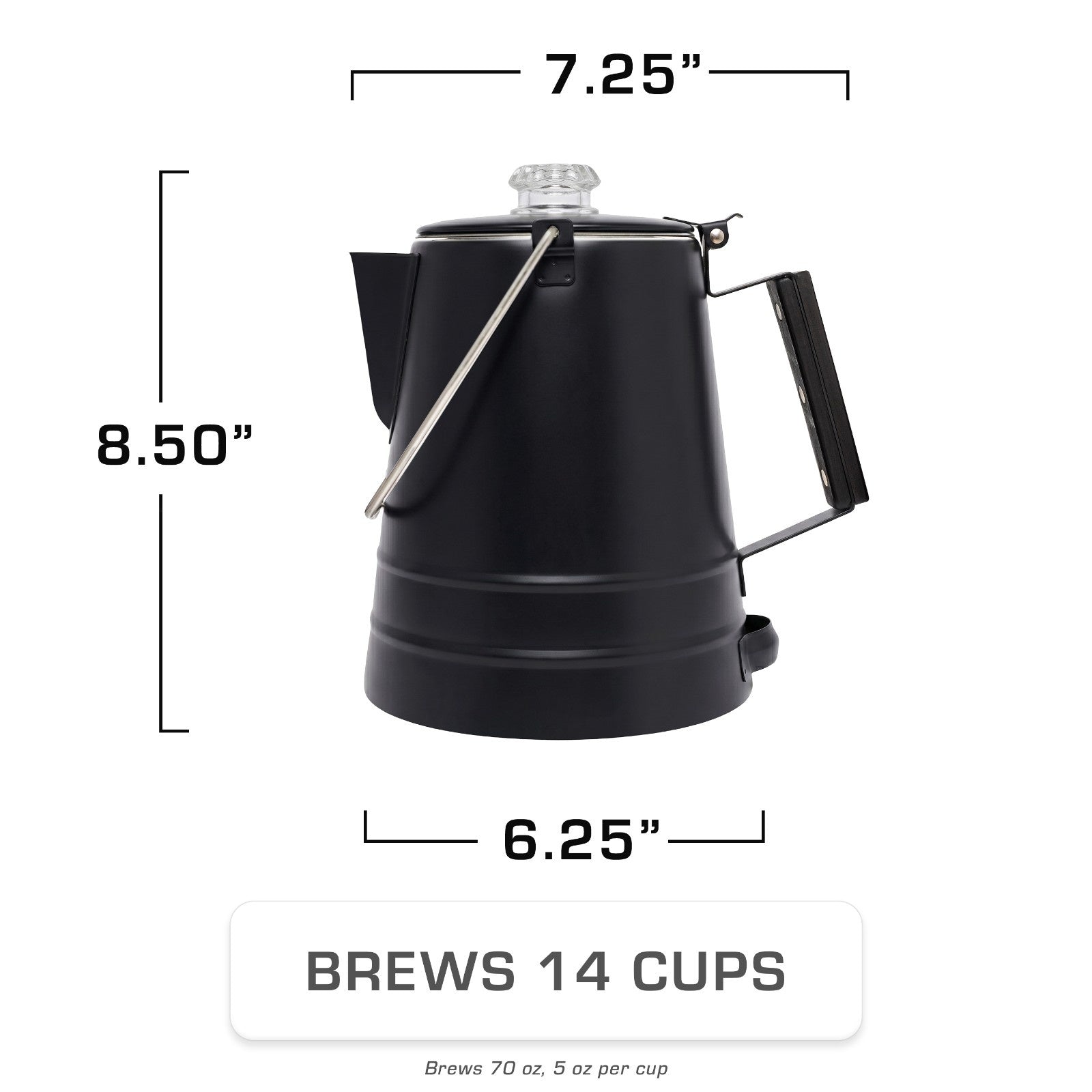 COLETTI Black Butte 14-Cup Large Group Stainless Steel Camping Percolator Dimensions