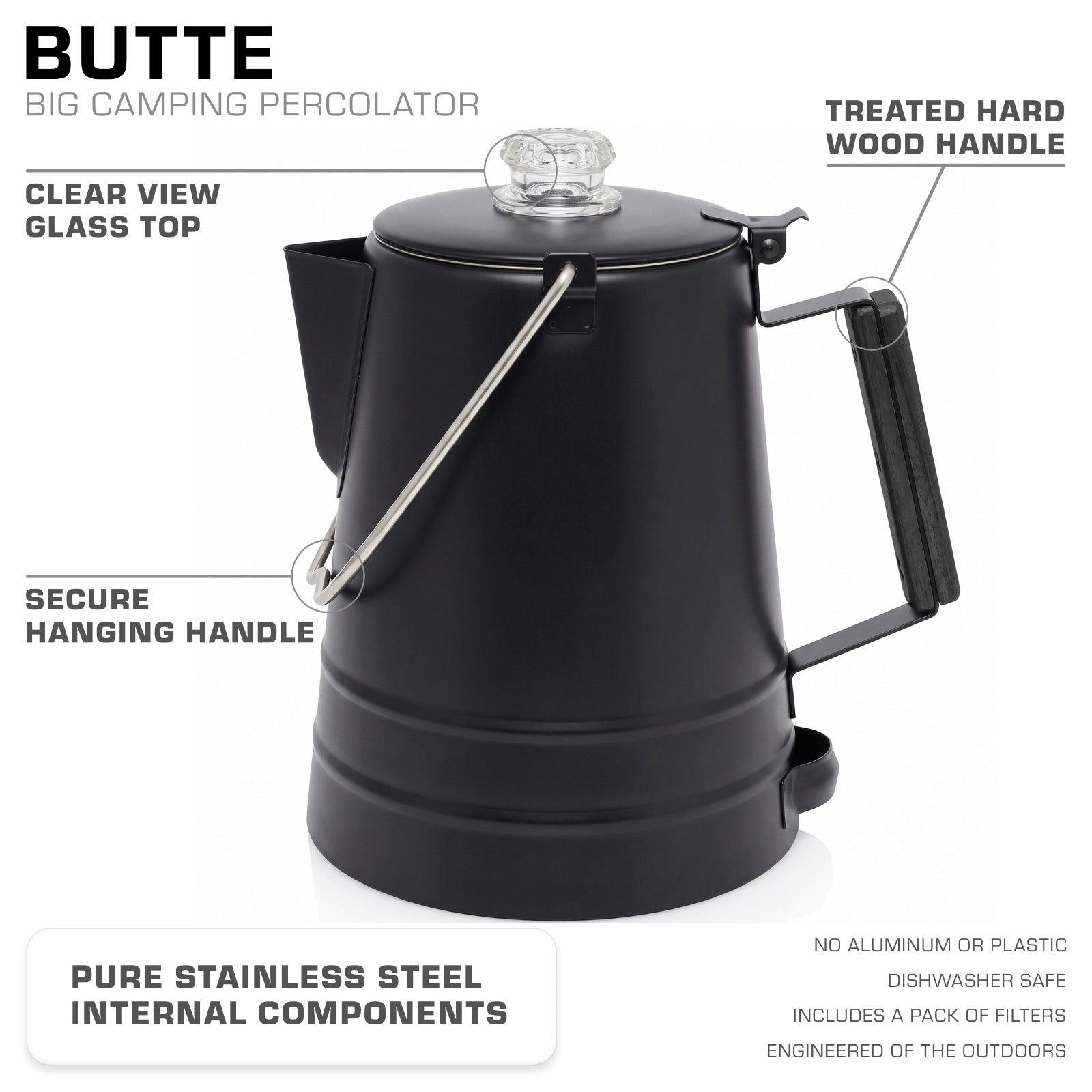 COLETTI Black Butte 14-Cup Large Group Stainless Steel Camping Percolator Features