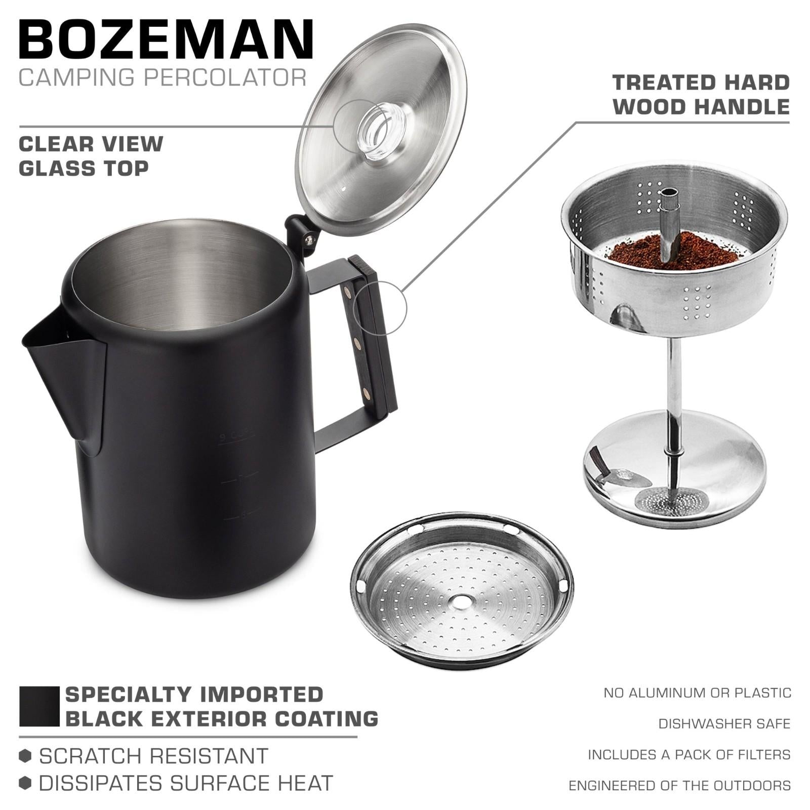 COLETTI Bozeman Black Coat Percolator Features — Hardwood Handle, No Plastic