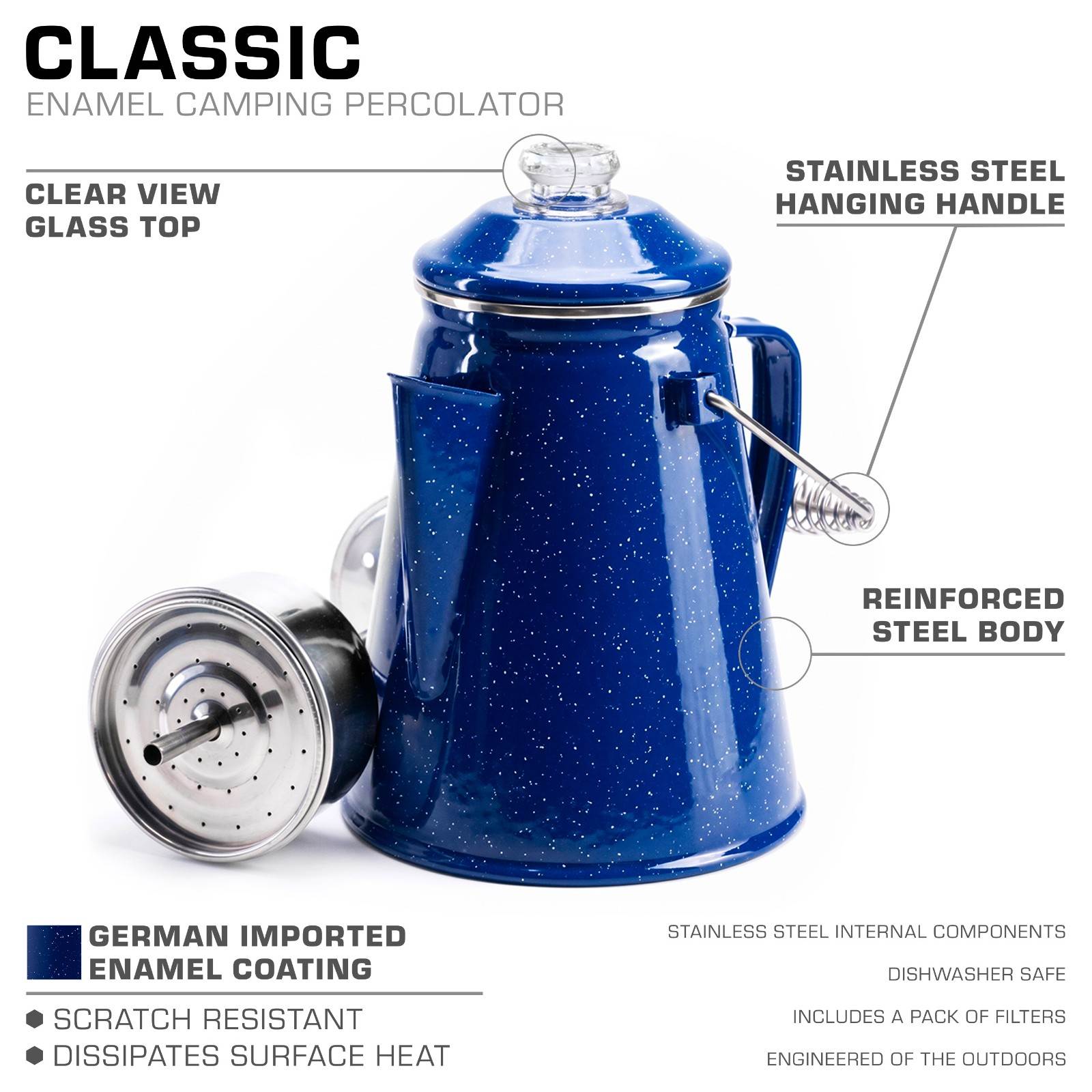 Classic Enamel Camping Coffee Percolator - COFFEE_MAKER - Classic-BLUE-12 Cup Features