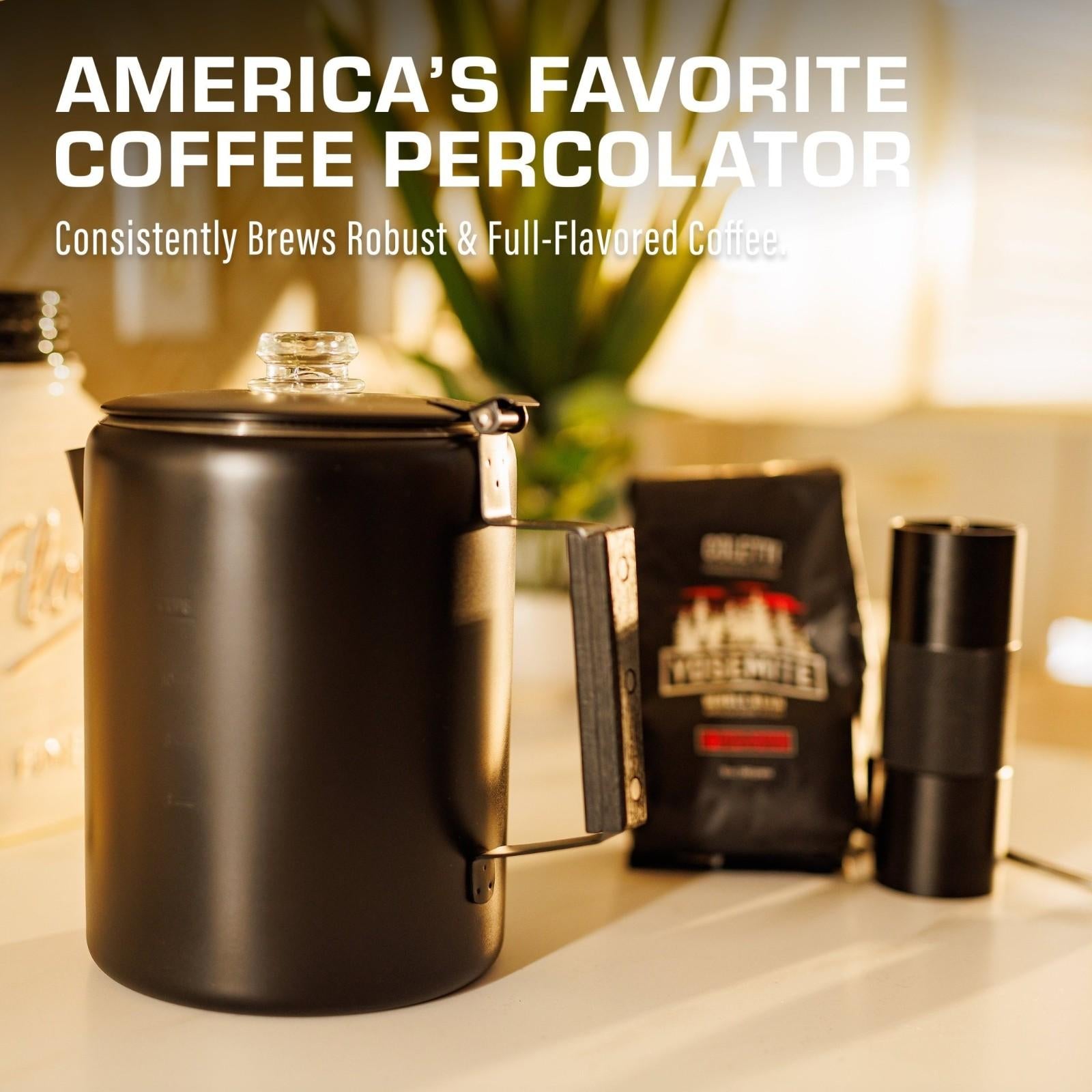 COLETTI Bozeman Black Coat Percolator Features — Hardwood Handle, No Plastic

