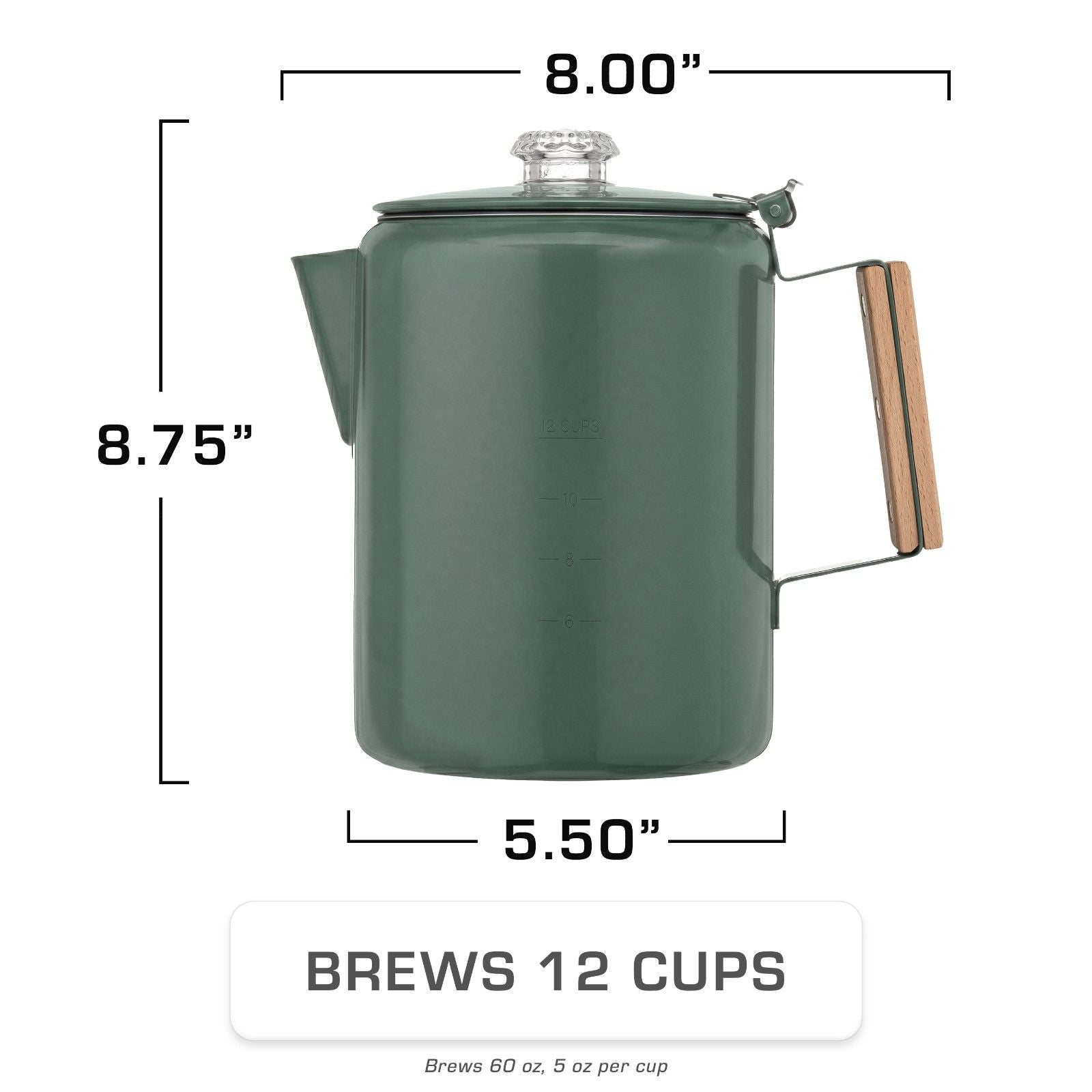 Bozeman Color Series Camping Percolator - COFFEE_MAKER - Bozeman-GRN-12C Dimensions