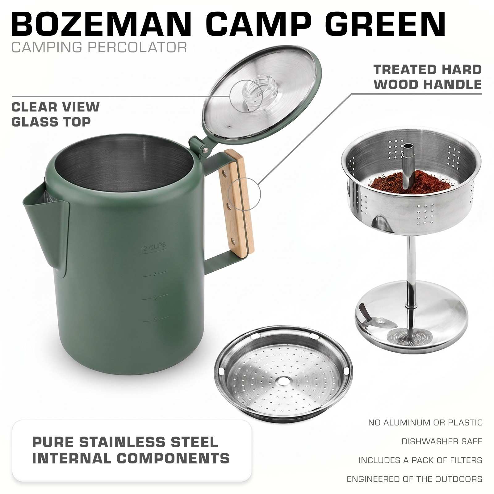 Bozeman Color Series Camping Percolator - COFFEE_MAKER - Bozeman-GRN-12C Features