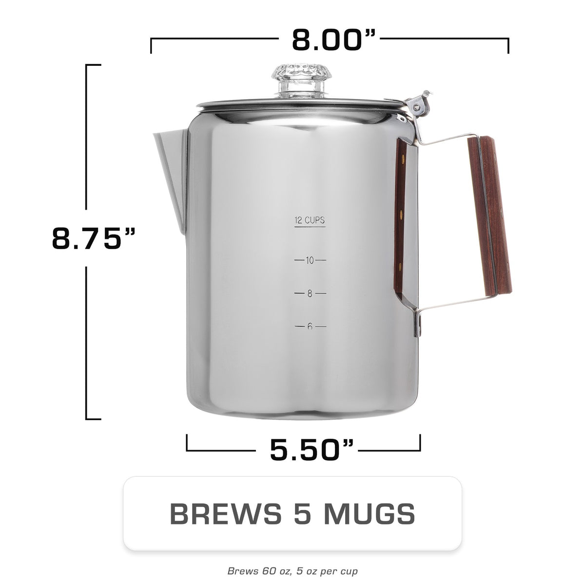COLETTI Bozeman 12-Cup Percolator Dimensions and Size Chart 5 Mugs