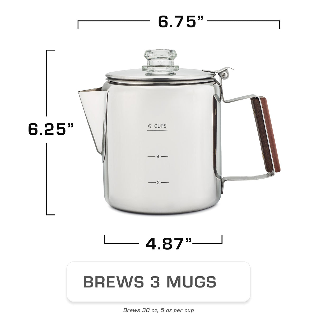 COLETTI Bozeman 6-Cup Percolator Dimensions and Size Chart