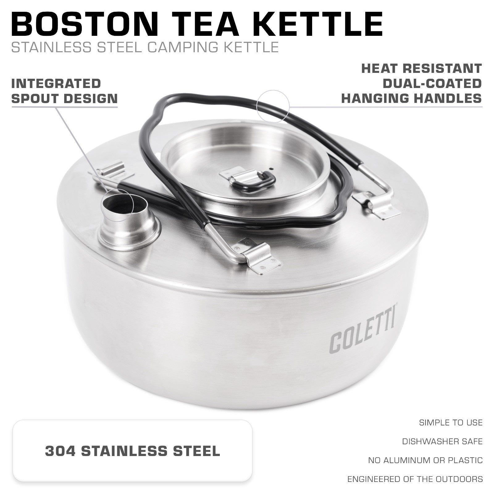 COLETTI Boston Camping Kettle Features — Gooseneck Spout, Foldable Handle