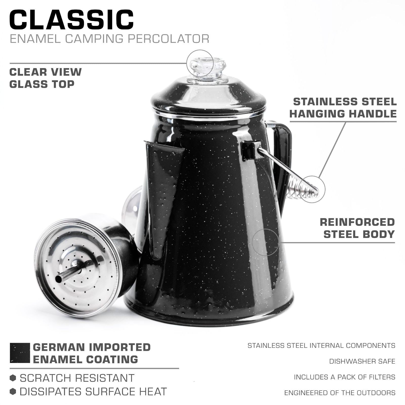 Classic Enamel Camping Coffee Percolator - COFFEE_MAKER - Classic-Black 12 Cup