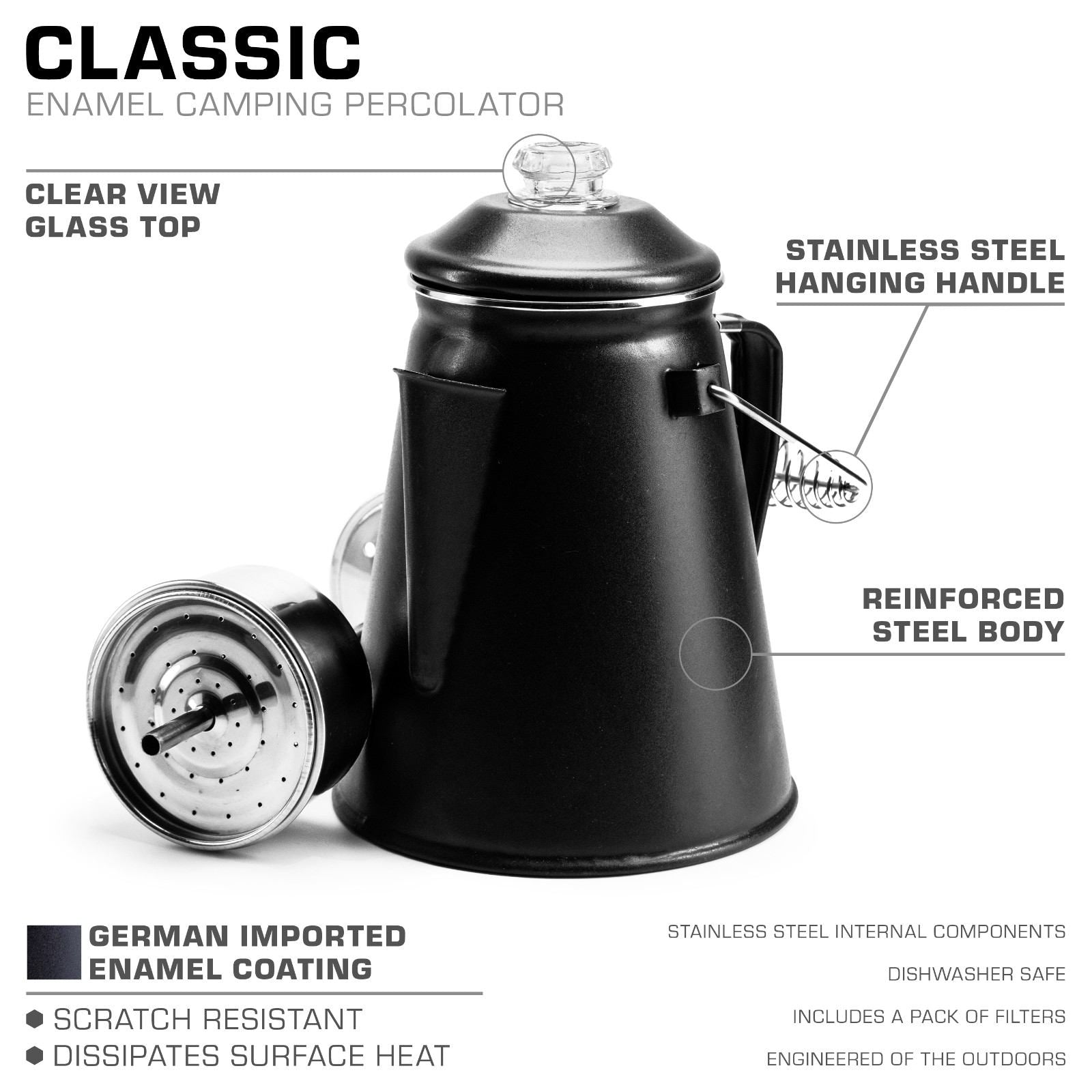 Classic Enamel Camping Coffee Percolator - COFFEE_MAKER - Classic-Gray 12 cup
