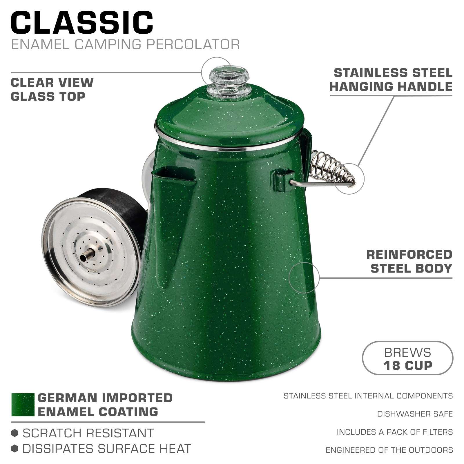 Classic Enamel Camping Coffee Percolator - COFFEE_MAKER - Classic-Green  18 Cup