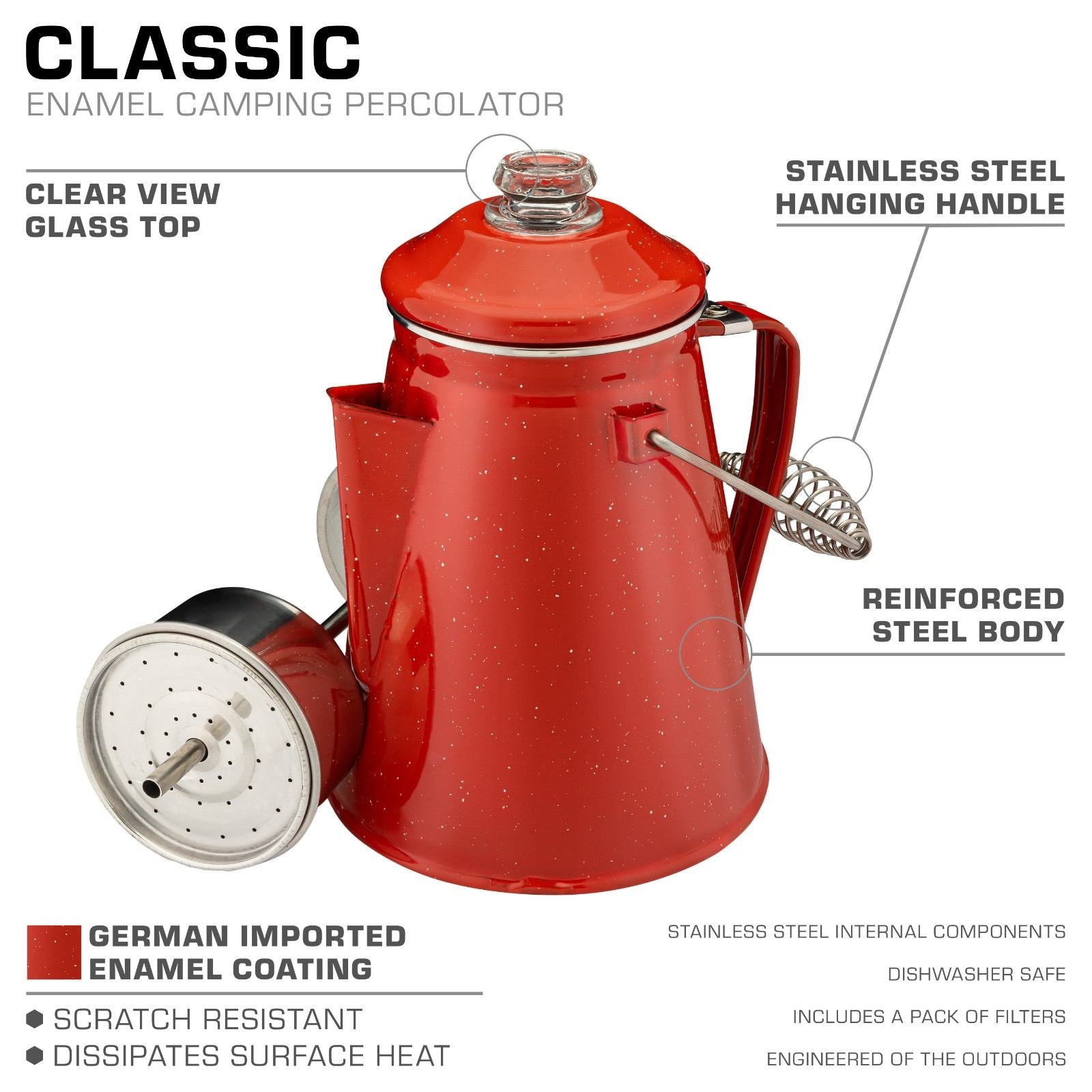 Classic Enamel Camping Coffee Percolator - COFFEE_MAKER - Classic-Red 12 Cup
