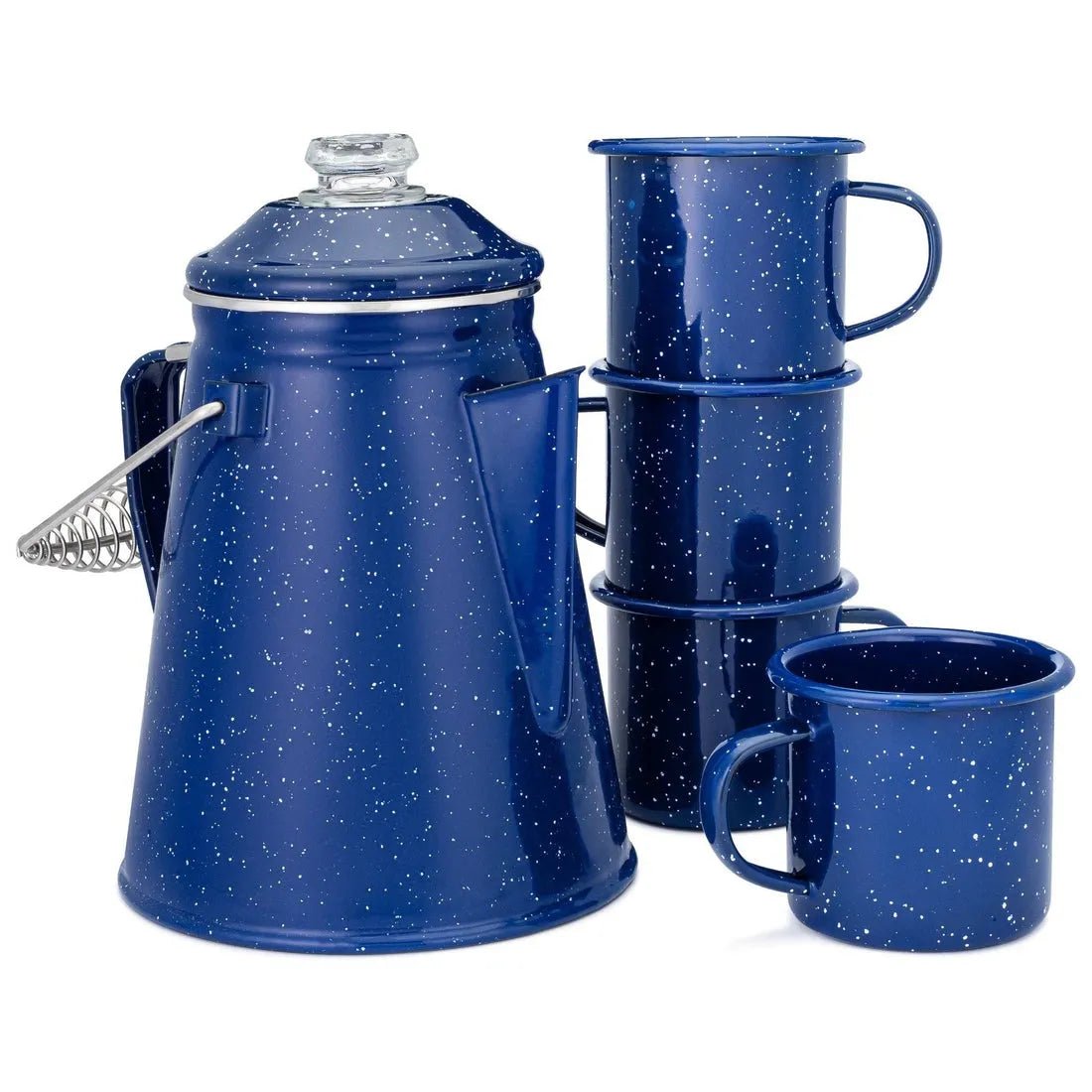 COLETTI Classic Blue Enamel Percolator and 4-Piece Mug Set