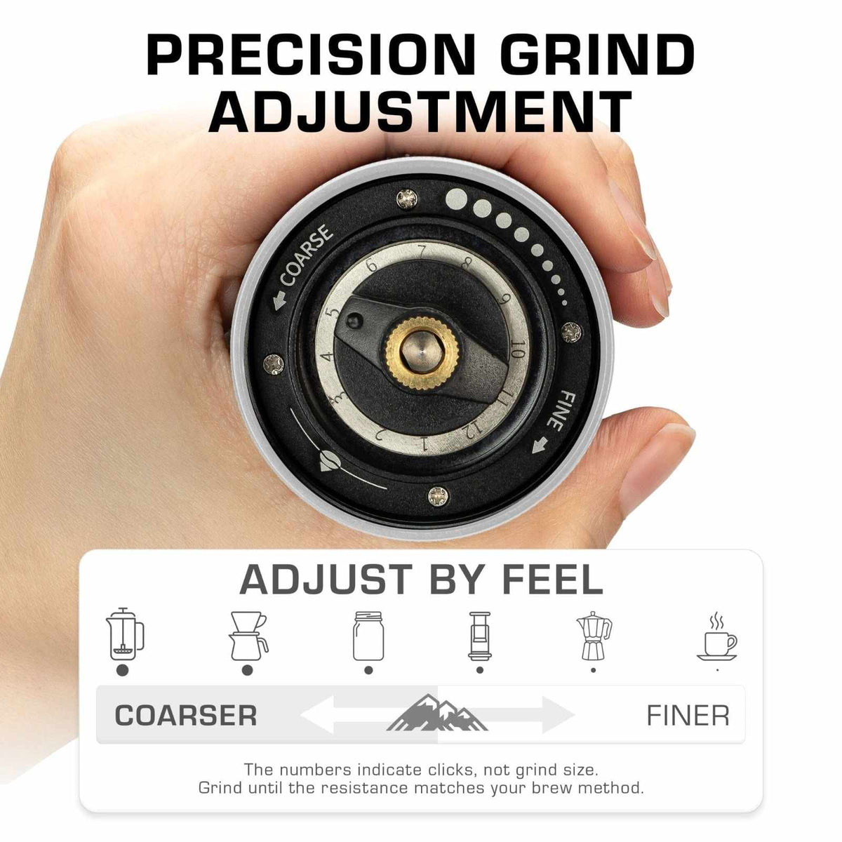 COLETTI Crag Grinder — Grind Adjustment Settings for Coarse to Fine
