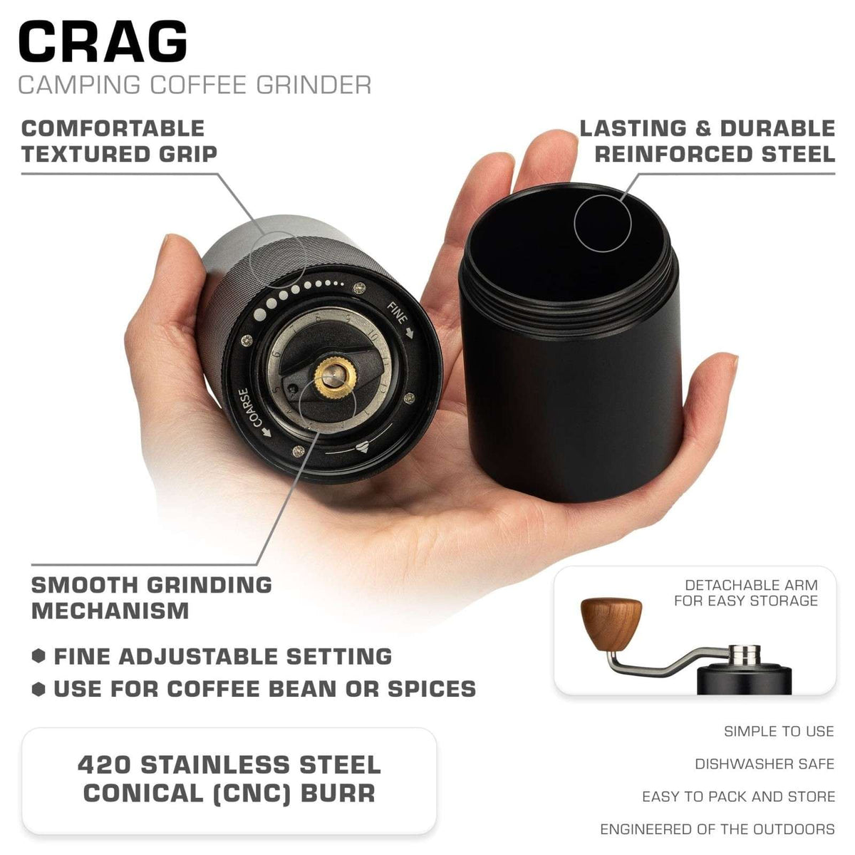 COLETTI Crag Manual Grinder Features — Adjustable Grind, Ceramic Burr
