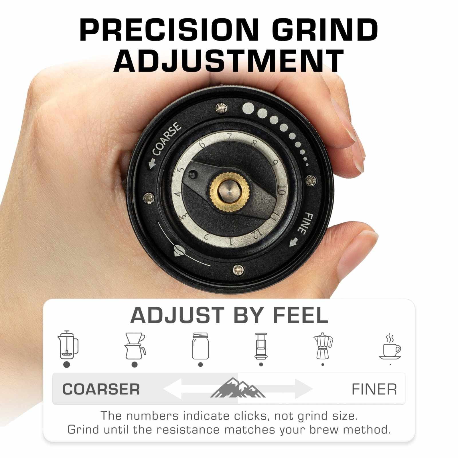 COLETTI Crag Grinder — Grind Adjustment Settings for Coarse to Fine
