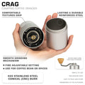 COLETTI Crag Manual Grinder Features — Adjustable Grind, Ceramic Burr
