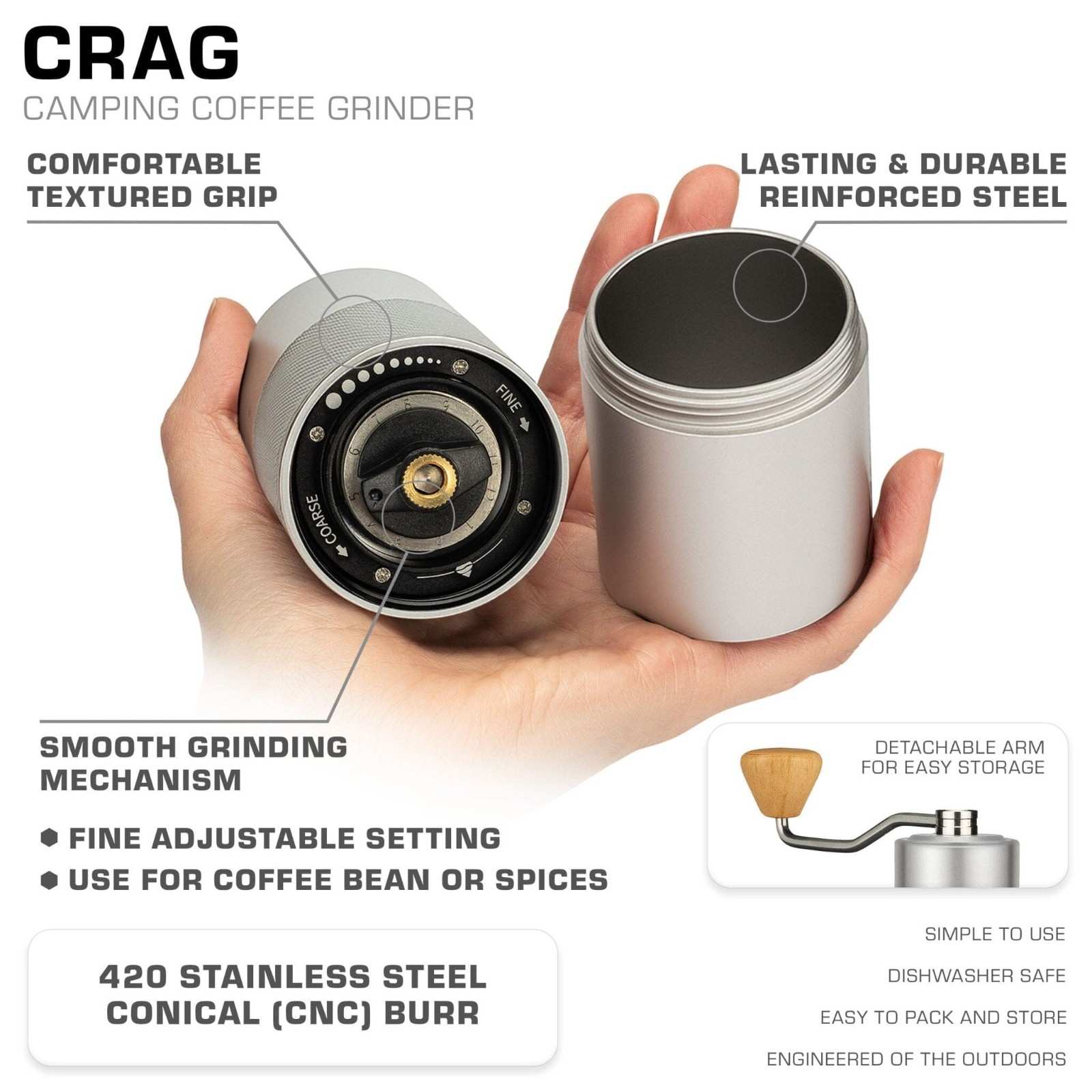 COLETTI Crag Manual Grinder Features — Adjustable Grind, Ceramic Burr
