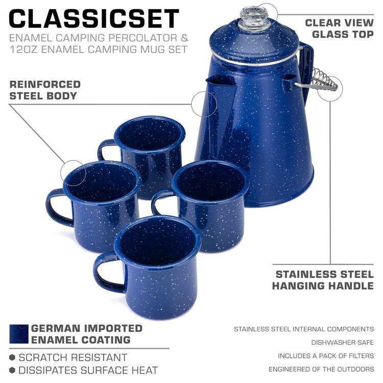 COLETTI Classic Blue Enamel Percolator and 4-Piece Mug Set