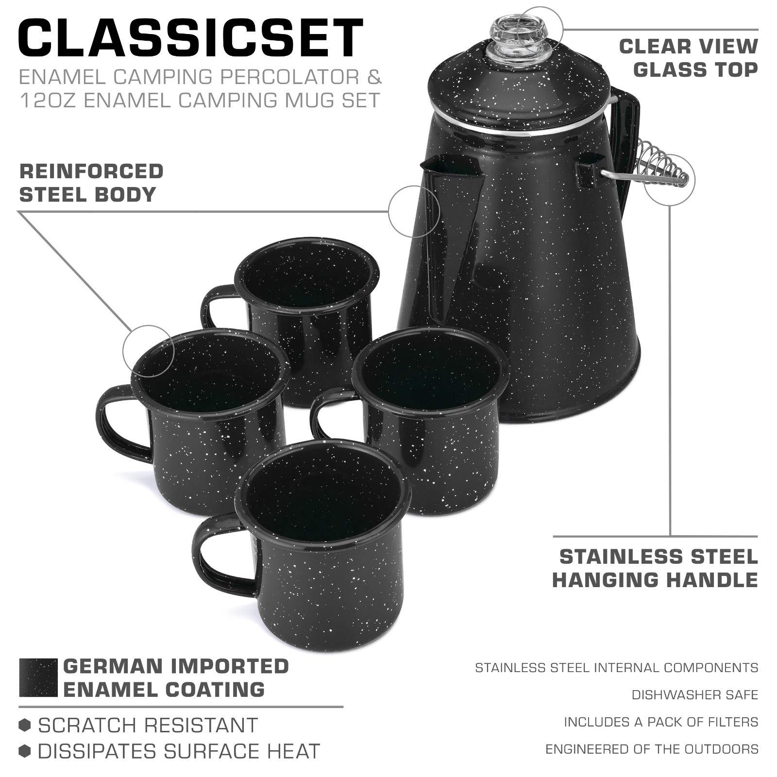 COLETTI Classic Black Enamel Percolator and 4-Piece Mug Set