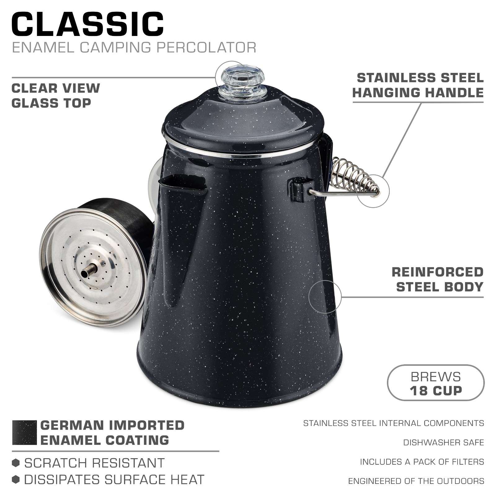 Classic Enamel Camping Coffee Percolator - COFFEE_MAKER - Classic-Black 18 Cup