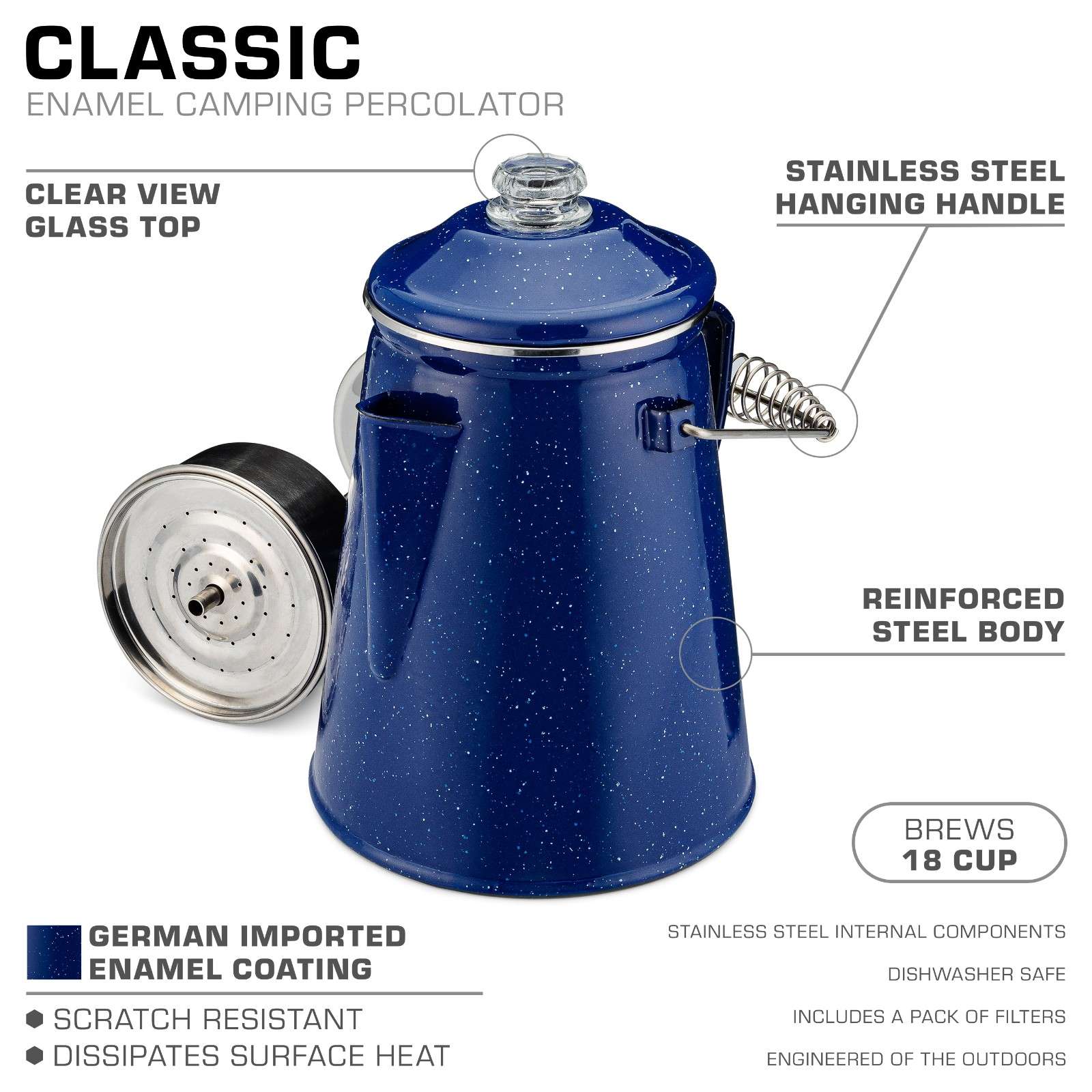 Classic Enamel Camping Coffee Percolator - COFFEE_MAKER - Classic-BLUE 18 Cup