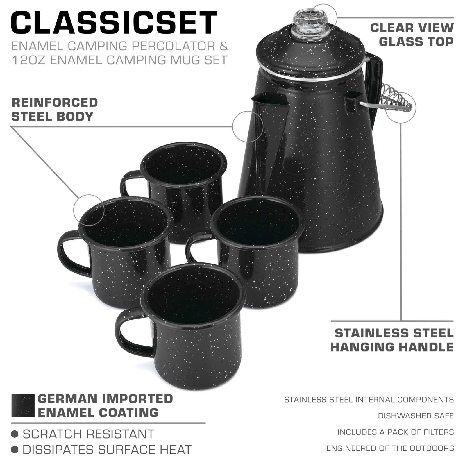 COLETTI Classic Black Enamel Percolator and 4-Piece Mug Set
