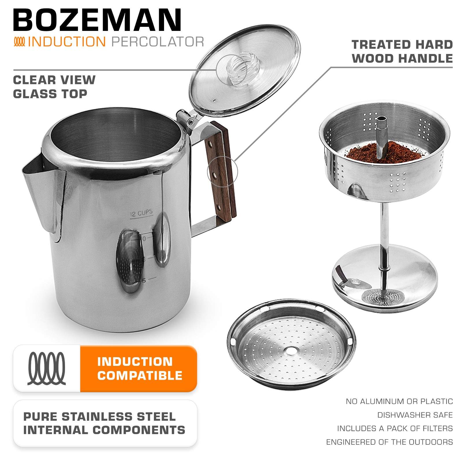 COLETTI Bozeman Induction Coffee Percolator on Induction Cooktop 12 Cup Features