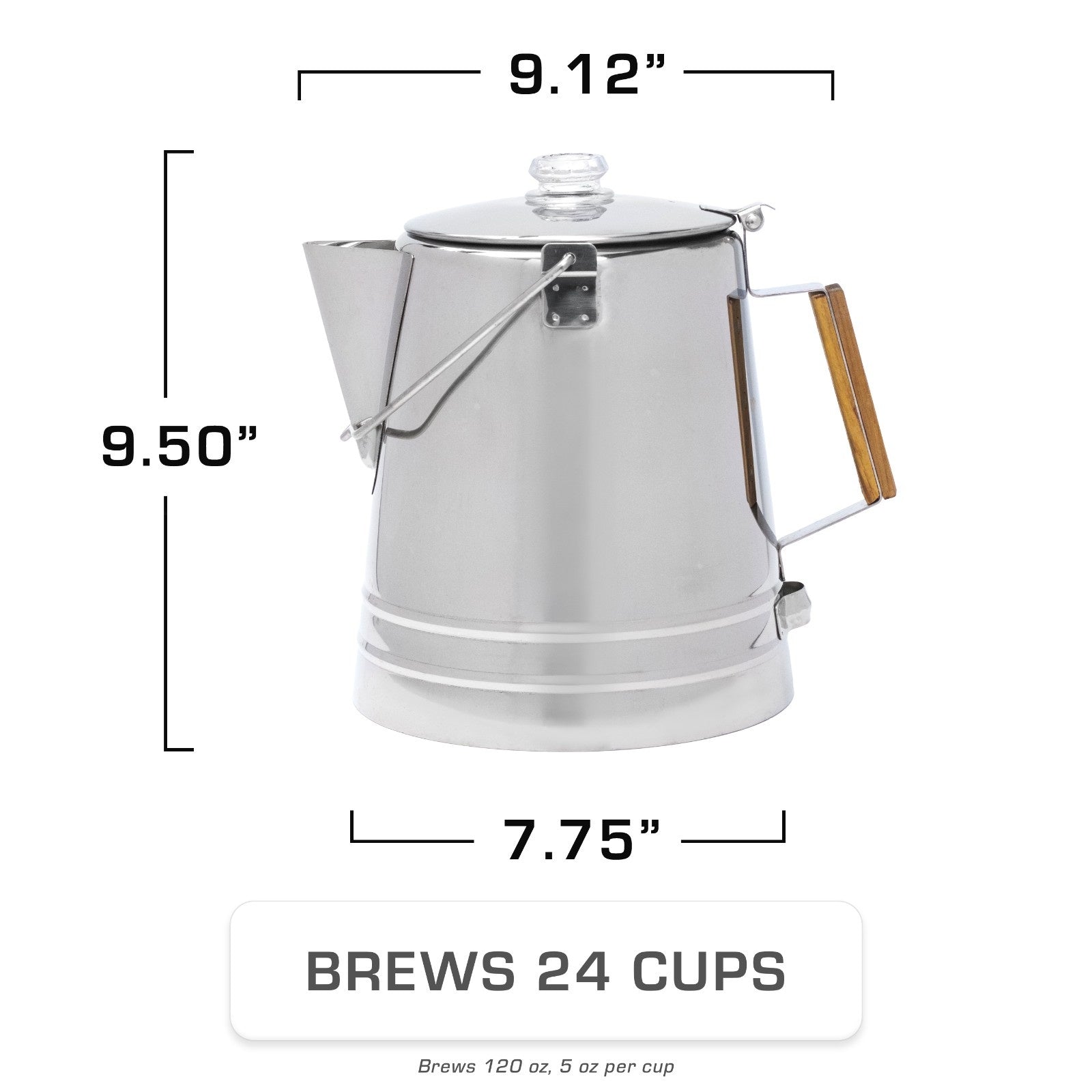 COLETTI Scoutmaster 24-Cup Extra-Large Stainless Steel Camping Percolator Dimensions