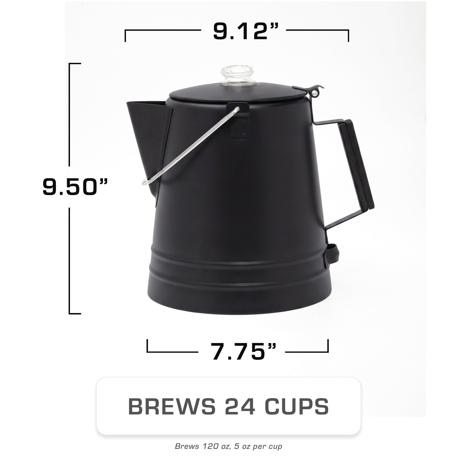 COLETTI Black Scoutmaster 24-Cup Extra-Large Stainless Steel Camping Percolator Dimension
