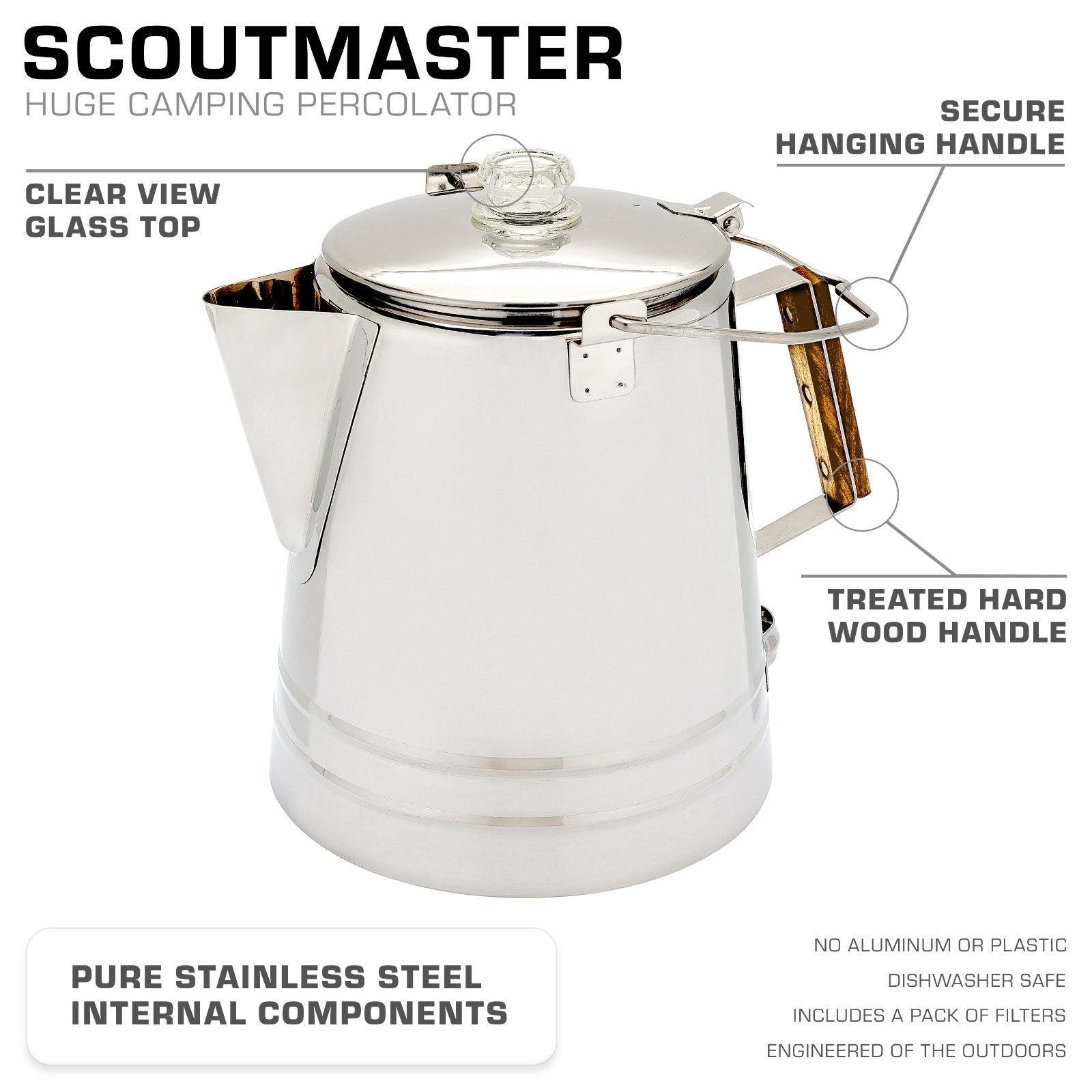 COLETTI Scoutmaster 24-Cup Extra-Large Stainless Steel Camping Percolator Features