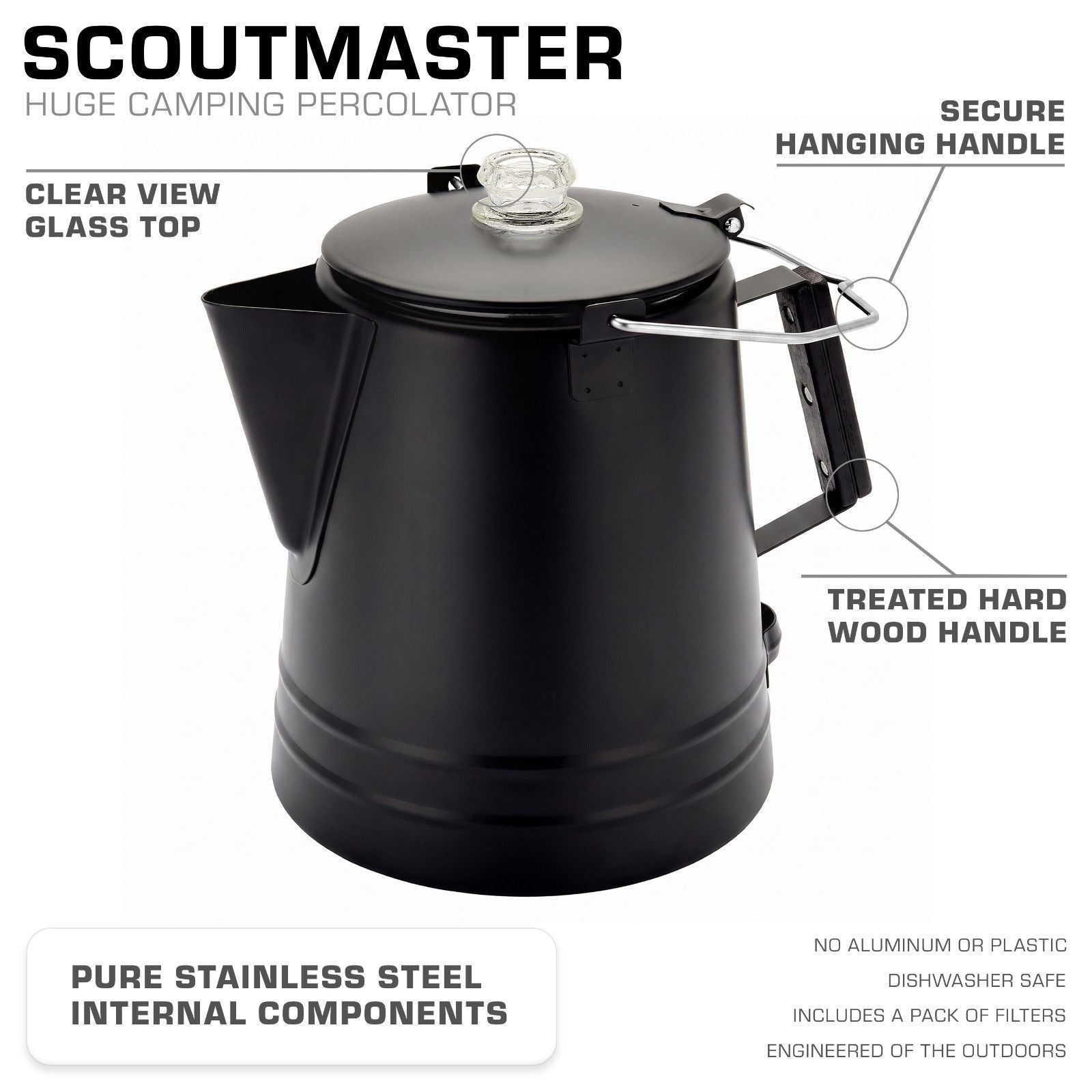 COLETTI Black Scoutmaster 24-Cup Extra-Large Stainless Steel Camping Percolator Features