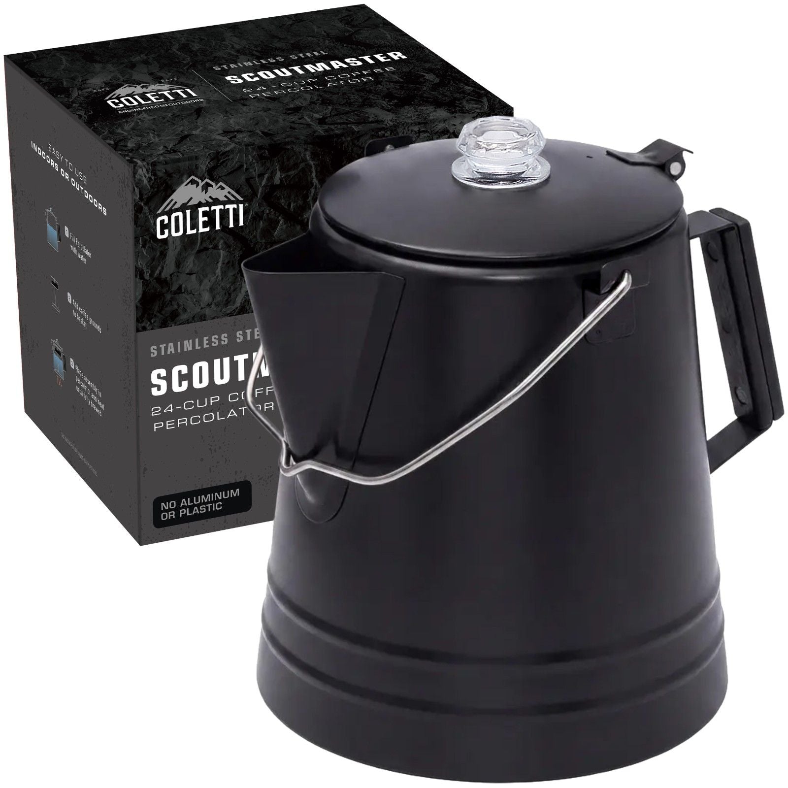 COLETTI Black Scoutmaster 24-Cup Extra-Large Stainless Steel Camping Percolator